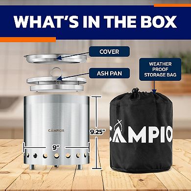 Smokeless Wood Burning Fire Pit Stove, Stainless Steel w/ Stand, Ash Pan & Carry Bag