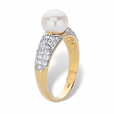 .64 Cttw. Genuine Cultured Pearl 8mm and CZ Gold-Plated Sterling Silver Ring