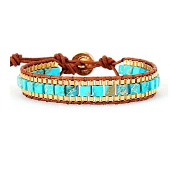 Handmade Leather Woven Turquoise Howlite Square Bead Bracelet