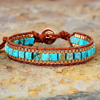 Handmade Leather Woven Turquoise Howlite Square Bead Bracelet
