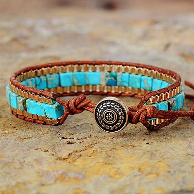 Handmade Leather Woven Turquoise Howlite Square Bead Bracelet