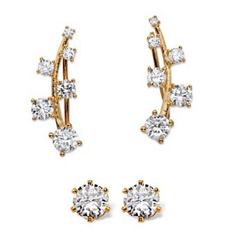 2.22 TCW CZ 14k Gold-plated Sterling Silver Ear Climber and Stud Earrings Set
