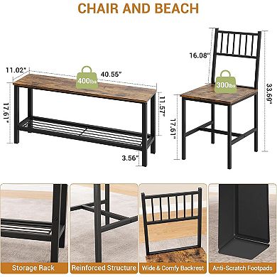 Dining Table Set with Storage Rack, Bench, and Chairs for Small Spaces