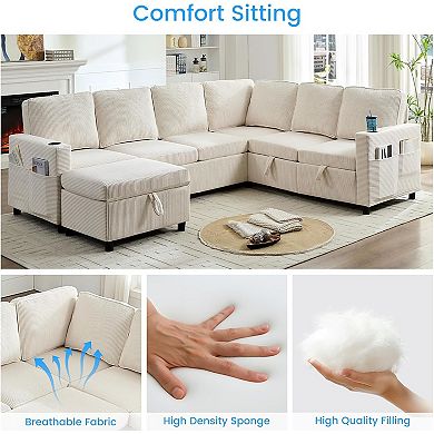 Mjkone 100 Inch U-Shaped Modular Sectional Sleeper Sofa with Pull-Out Bed & Storage