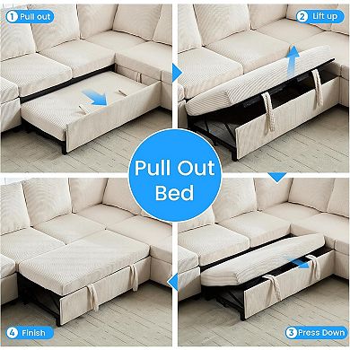 Mjkone 100 Inch U-Shaped Modular Sectional Sleeper Sofa with Pull-Out Bed & Storage