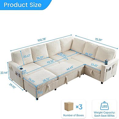 Mjkone 100 Inch U-Shaped Modular Sectional Sleeper Sofa with Pull-Out Bed & Storage
