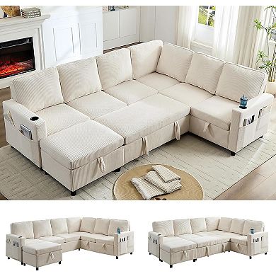 Mjkone 100 Inch U-Shaped Modular Sectional Sleeper Sofa with Pull-Out Bed & Storage