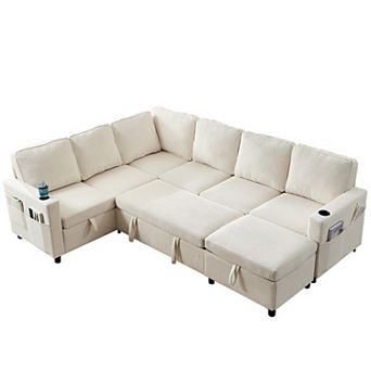 Mjkone 100 Inch U-Shaped Modular Sectional Sleeper Sofa with Pull-Out Bed & Storage