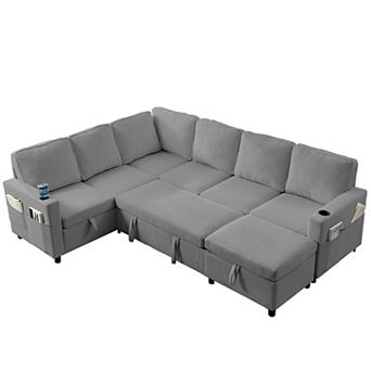Mjkone 100 Inch U-Shaped Modular Sectional Sleeper Sofa with Pull-Out Bed & Storage