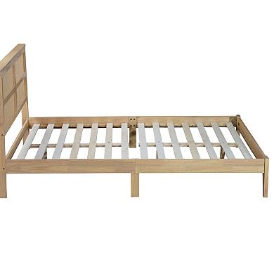 GOODSILO Queen Size Solid Wood Bed with Rattan Headboard and Support Feet