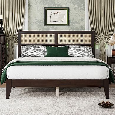 GOODSILO Queen Size Solid Wood Bed with Rattan Headboard and Support Feet