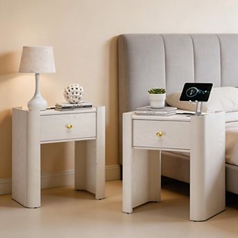 Nightstand with Charging Station Set of 2, Modern Wooden Bedside Tables for Bedroom Living Room