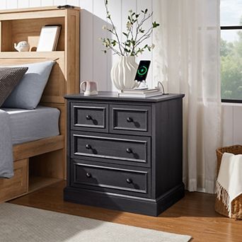Modern Nightstand with Charging Station, Farmhouse Night Stand w/ 4 Drawers, 26 inch Wide End Table
