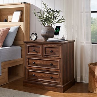Modern Nightstand with Charging Station, Farmhouse Night Stand w/ 4 Drawers, 26 inch Wide End Table