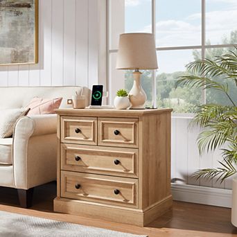 Modern Nightstand with Charging Station, Farmhouse Night Stand w/ 4 Drawers, 26 inch Wide End Table