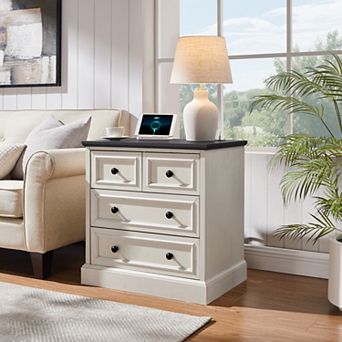 Modern Nightstand with Charging Station, Farmhouse Night Stand w/ 4 Drawers, 26 inch Wide End Table