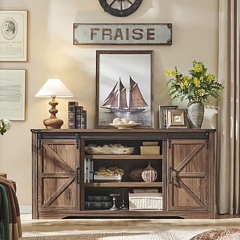 TV Stand for 80 Inch TV, Farmhouse Entertainment Center with 4 Drawers & 2 Sliding Barn Door