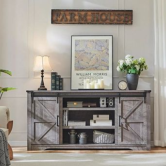 TV Stand for 80 Inch TV, Farmhouse Entertainment Center with 4 Drawers & 2 Sliding Barn Door
