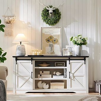 TV Stand for 80 Inch TV, Farmhouse Entertainment Center with 4 Drawers & 2 Sliding Barn Door