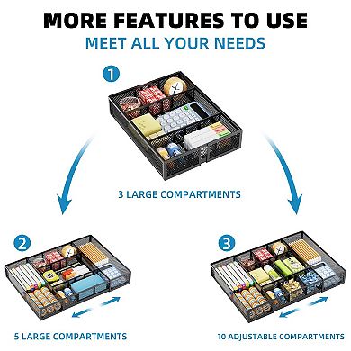 Expandable Mesh Drawer Organizer 10 Compartments Adjustable