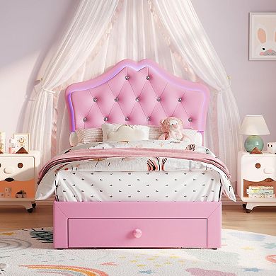 Twin Size Bed Frame with LED Lights & Velvet Crystal Button Headboard, Upholstered Boy/Girl