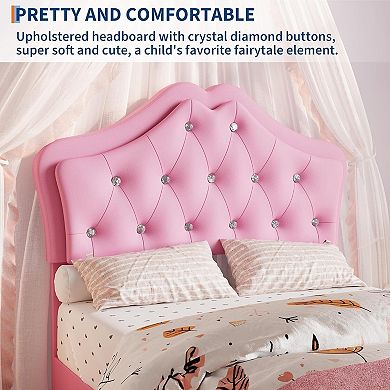 Twin Size Bed Frame with LED Lights & Velvet Crystal Button Headboard, Upholstered Boy/Girl