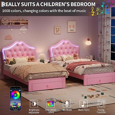 Twin Size Bed Frame with LED Lights & Velvet Crystal Button Headboard, Upholstered Boy/Girl