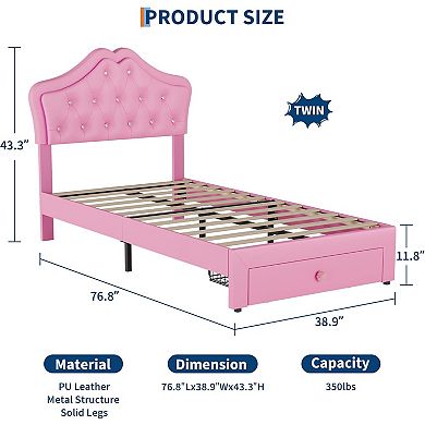 Twin Size Bed Frame with LED Lights & Velvet Crystal Button Headboard, Upholstered Boy/Girl