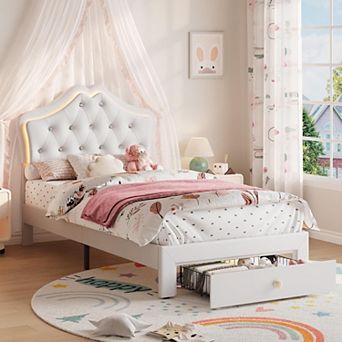 Twin Size Bed Frame with LED Lights & Velvet Crystal Button Headboard, Upholstered Boy/Girl