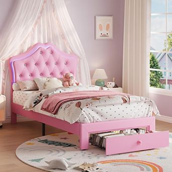 Twin Size Bed Frame with LED Lights & Velvet Crystal Button Headboard, Upholstered Boy/Girl