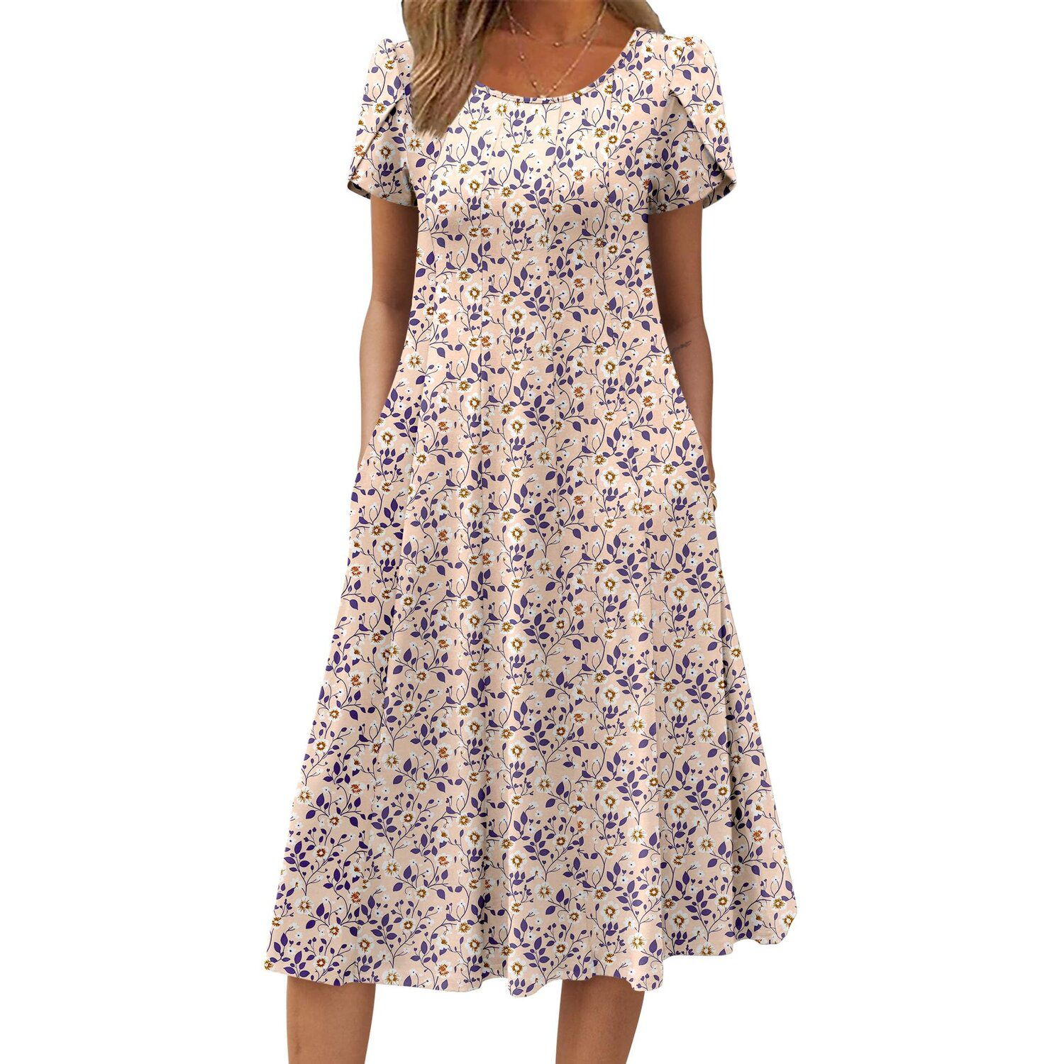 Женское платье Zeagoo Women s Summer Casual Midi Dress, A Line Pleated Short Sleeve Flare Sundress, цвет: Бежевый фиолетовый