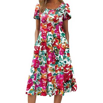 Zeagoo Women s Summer Casual Midi Dress, A Line Pleated Short Sleeve Flare Sundress