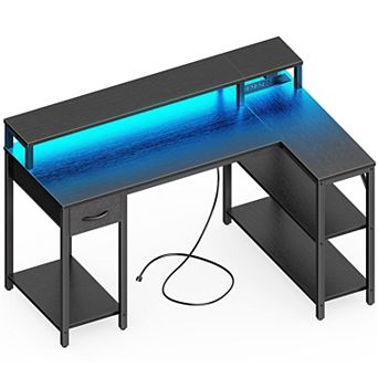 47" L-Shaped Gaming Desk with LED Lights & Power Outlets: Reversible Shelves, Monitor Stand, Drawer