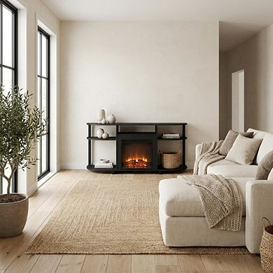 FurniFact Fireplace TV Stand with Rubberwood and Walnut Veneers for 55 Inch TVs