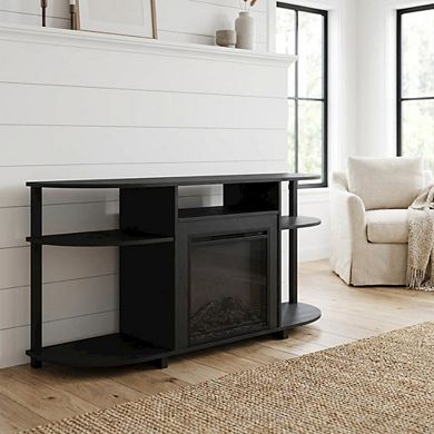 FurniFact Fireplace TV Stand with Rubberwood and Walnut Veneers for 55 Inch TVs