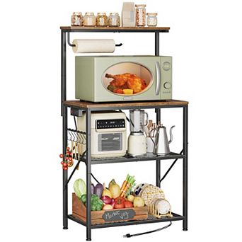 4 tier Kitchen Storage Rack with Reversible Power Outlet: Microwave, Coffee Bar, 6 Hooks