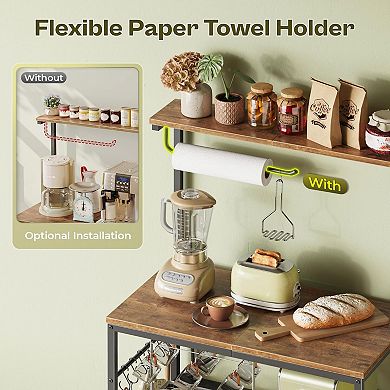 4-Tier Kitchen Storage Rack with Reversible Power Outlet: Microwave, Coffee Bar, 6 Hooks