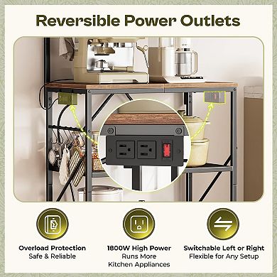 4-Tier Kitchen Storage Rack with Reversible Power Outlet: Microwave, Coffee Bar, 6 Hooks