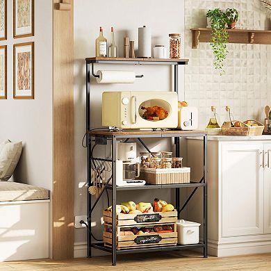 4-Tier Kitchen Storage Rack with Reversible Power Outlet: Microwave, Coffee Bar, 6 Hooks