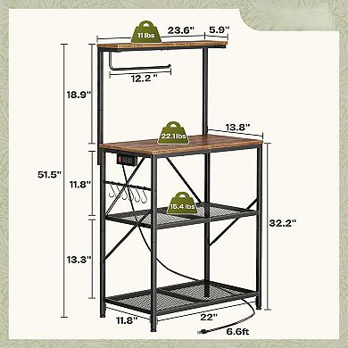 4-Tier Kitchen Storage Rack with Reversible Power Outlet: Microwave, Coffee Bar, 6 Hooks