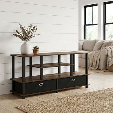 FurniFact Large TV Stand, up to 55-Inch TV, Storage Bin, Rubberwood