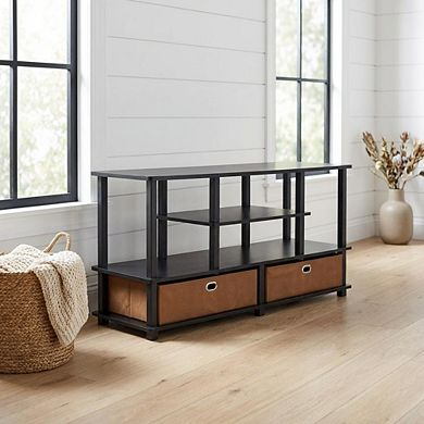 FurniFact Large TV stand, up to 50-inch TV, storage bin, black composite wood