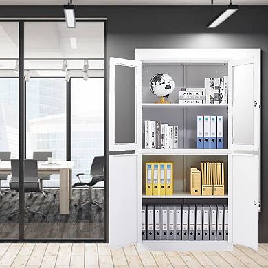 Metal Storage Cabinet with Glass Doors and Adjustable Shelves