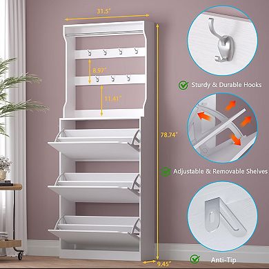2-in-1 foyer tree and shoe cabinet with adjustable drawers and coat rack