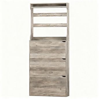2-in-1 foyer tree and shoe cabinet with adjustable drawers and coat rack