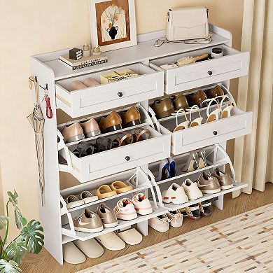 Wide Entryway Shoe Cabinet with 4 Flip Drawers and 2 Top Drawers