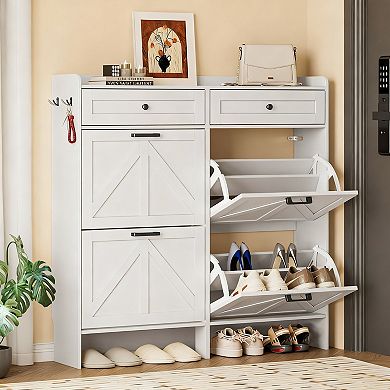 Wide Entryway Shoe Cabinet with 4 Flip Drawers and 2 Top Drawers