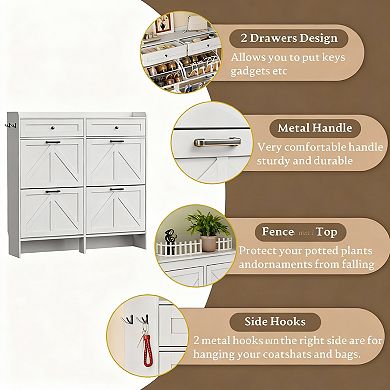 Wide Entryway Shoe Cabinet with 4 Flip Drawers and 2 Top Drawers