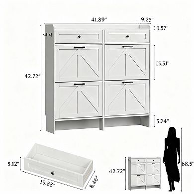 Wide Entryway Shoe Cabinet with 4 Flip Drawers and 2 Top Drawers