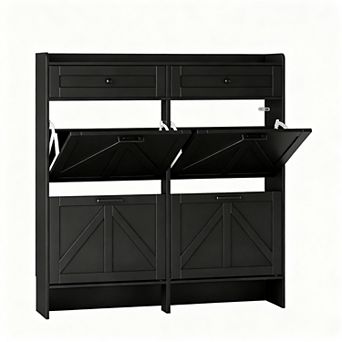 Wide Entryway Shoe Cabinet with 4 Flip Drawers and 2 Top Drawers